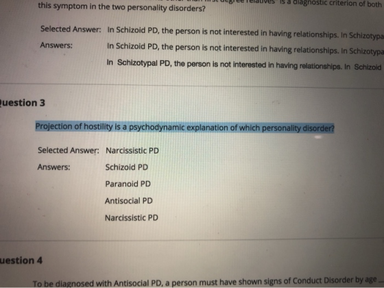 tuegreeelduves is à diagnostic criterion of both this symptom in the two personality disorders? Selected Answer: In Schizoid