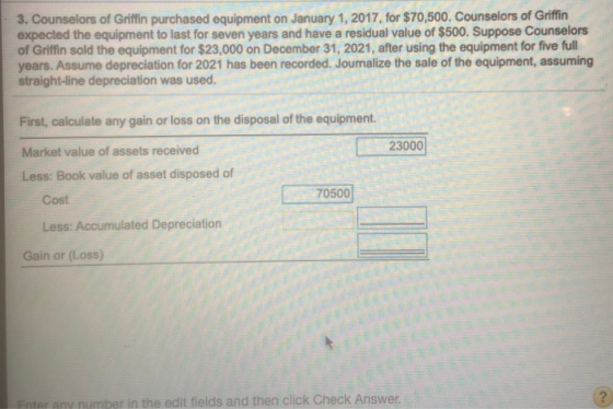 3. Counselors of Griffin purchased equipment on January 1, 2017, for $70,500. Counselors of Griffin expected the equipment to