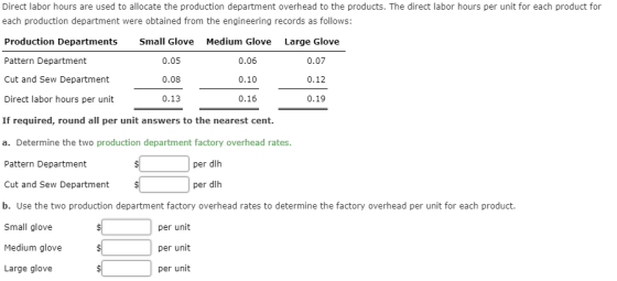 Direct labor hours are used to allocate the production department overhead to the products. The direct labor hours per unit f