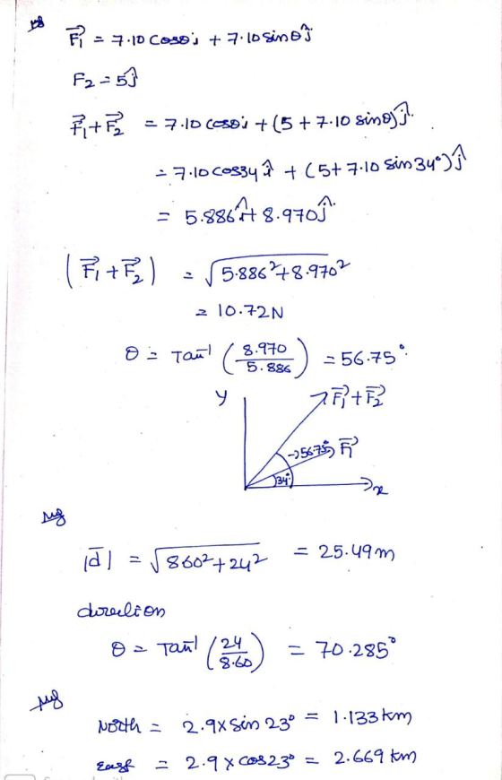 Fi = 7.10 cosos +7.10 sino F2 = 5 Fi+ = 7.10 cosoi +(5+7.10 simoy il. = 7.10 cos34 h +(5+7.10 sin 340) = 5.886478.97096 | Fi