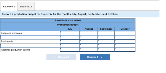 Required 1 Required 3 Prepare a production budget for Supermix for the months July, August, September, and October. Pearl Pro