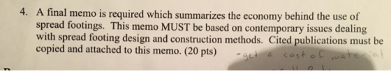 final memo is required which summarizes the economy behind the use of spread footings. This memo MUST be based on contemporary issues dealing with spread footing design and construction methods. Cited publications must be 4. A d and attached to this memo. (20 pts) via
