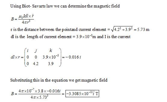 Using Biot- Savarts law we can determine the magnetic field 4T r is the distance between the pointand current element 4.22 +3.92 5.73 m d is the length of current element 39x10 *m and I is the current dxr0 0 3.9x100.016i 0 42 3.9 Sabstituting this in the equation we getmagietic feld 4Tx10 x38x0016-3 3085x10-15 T -? 5x10-1YT 4mx 5.733