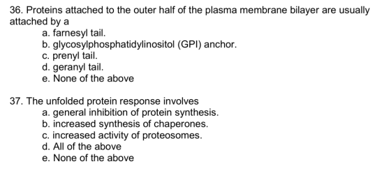 36. Proteins attached to the outer half of the plasma membrane bilayer are usually attached by a a. farnesyl tail. b. glycosy
