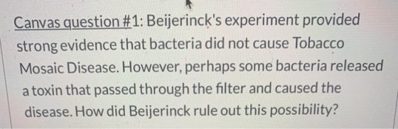 Canvas question #1: Beijerincks experiment provided strong evidence that bacteria did not cause Tobacco Mosaic Disease. Howe