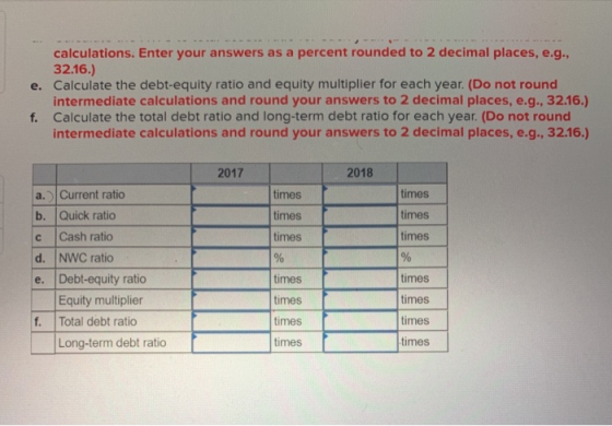 e. Ca calculations. Enter your answers as a percent rounded to 2 decimal places, e.g., 32.16.) Calculate the debt-equity rati