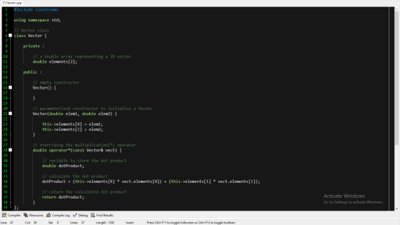 [*] Vector.cpp 1 #include <iostream> 2 3 using namespace std; 4. 5 // Vector class 6 class Vector { 8 private : // a double a