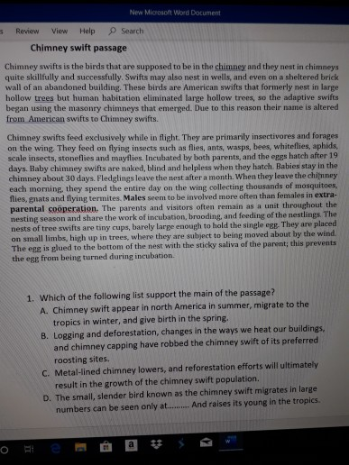 New Microsoft Word Document Review View Help Search Chimney swift passage Chimney swifts is the birds that are supposed to be