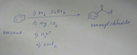 1) Br2 , FeBrz G 2) mg , co 2 Benzoyl chloride Benzene Hot 4) soda