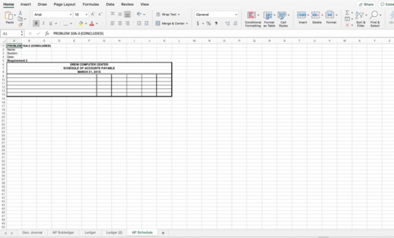 Home Insert Draw Page Layout Formulas Data Review View Share .com e S A PROBLEM 10A CONCLUDED CONGUE SCHE ACCOUNTS PARA