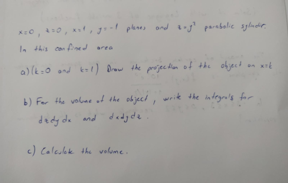 x=0,2=0, x=1, y=-1 planes and zog² parabolic sylindir. In this confined area on x=k a) (k=0 and k=1) Draw the projection of t