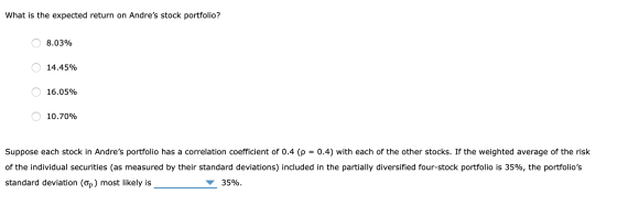 What is the expected return on Andres stock portfolio? 08.03% 0 14.45% O 16.05% O 10.70% Suppose each stock in Andres portf