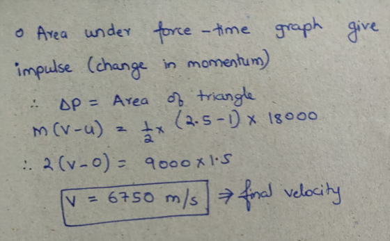 o Avea under oce -Ame graph give impulse (change in momentum) 二 &P= Area db triangle (V-u)- (45-1) x 18000 a. ˇ-6750 m/s!ヲ拟velocity