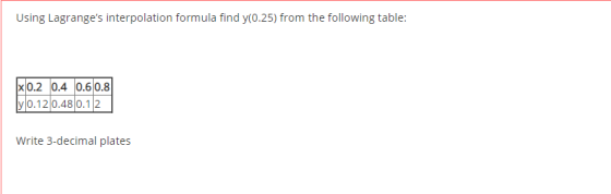Using Lagranges interpolation formula find y(0.25) from the following table: x0.2 0.4 0.6 0.8 y 0.12 0.48 0.12 Write 3-decim