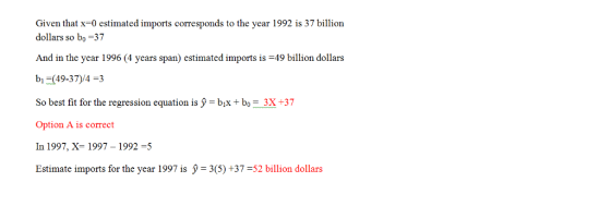 Given that x-0 estimated imports corresponds to the year 1992 is 37 billion dollars so bo -37 And in the year 1996 (4 years span) estimated imports is -49 billion dollars bi (49-37)/4 3 So best fit for the regression equation is У-ba-bo-3X +37 Option A is correct In 1997, X- 1997 -1992-5 Estimate imports for the year 1997 is 3(5) +37-52 billion dollars