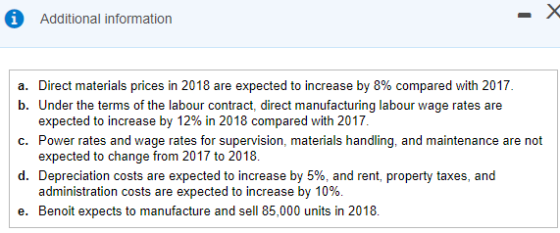 i X Additional information a. Direct materials prices in 2018 are expected to increase by 8% compared with 2017 b. Under the