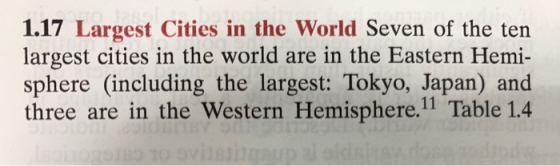 1.17 Largest Cities in the World Seven of the ten largest cities in the world are in the Eastern Hemi- sphere (including the largest: Tokyo, Japan) and three are in the Western Hemisphere.11 Table 1.4