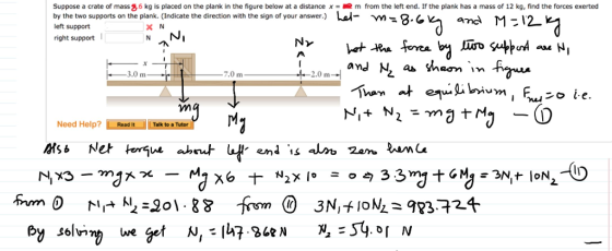 Suppose a crate of mass g 6 kg is placed on the plank in the figure below at a distance x- by the two supports on the plank.