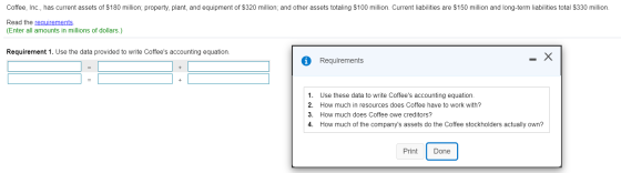 Coffee, Inc., has current assets of $180 million; property, plant, and equipment of $320 million, and other assets totaling $