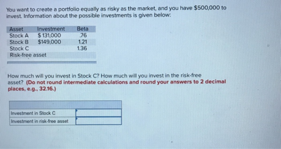You want to create a portfolio equally as risky as the market, and you have $500,000 to invest. Information about the possibl