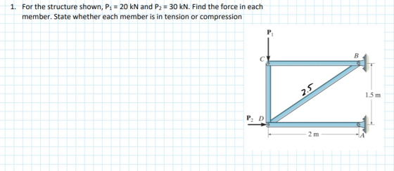 1. For the structure shown, P1 = 20 kN and P2 = 30 kN. Find the force in each member. State whether each member is in tension