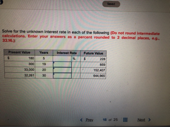 Saved Solve for the unknown interest rate in each of the following (Do not round intermediate calculations. Enter your answer