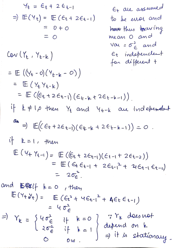 -) E(yt)= E(et t 264-1) to be we and muan o and Vou and e indebeucnt GA - 20e 0 w