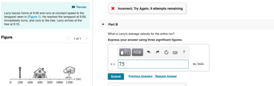 Review incorrect; Try Again; 9 attempts remaining Larry leaves home at 9:06 and runs at constant speed to the lamppost seen in (Figure 1).He reaches the lamppost at 9:09 immediately turns, and runs to the tree. Larry arrives at the tree at 9:15 Part B What is Larrys average velocity for the entire run? Express your answer using three significant figures. Figure < 1of1 u= 175 m/min Submit Previous Answers Request Answer x (m) 0 200 400 600 800 1000 1200
