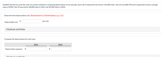 Sandhill Taxi Service uses the units-of-activity method in computing depreciation on its taxicabs. Each cab is expected to be
