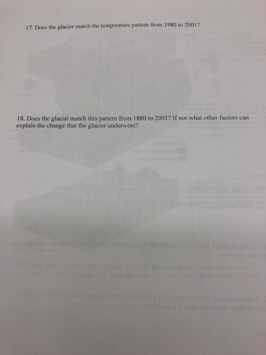 17. Does the glacier match the temperature pattern from 1980 to 2001? 18. Does the glacial match this pattern from 1880 to 20