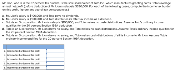Mr. Lion, who is in the 37 percent tax bracket, is the sole shareholder of Toto,Inc., which manufactures greeting cards. Toto