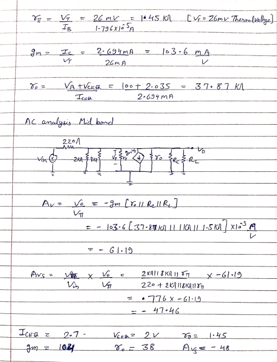 Toz VI IB = 26mV 1.796xjosh 1645.6.__( Vrz Zomu Thermalvaltye). JM2 Ic = 2.694mA = 1036 mA__ 26m A VT 80 = - VA +VEEL E 100+