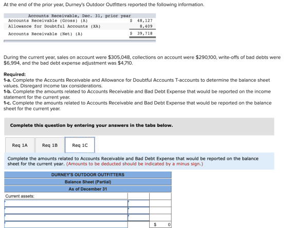 At the end of the prior year, Durneys Outdoor Outfitters reported the following information. Accounts Receivable, Dec. 31, p