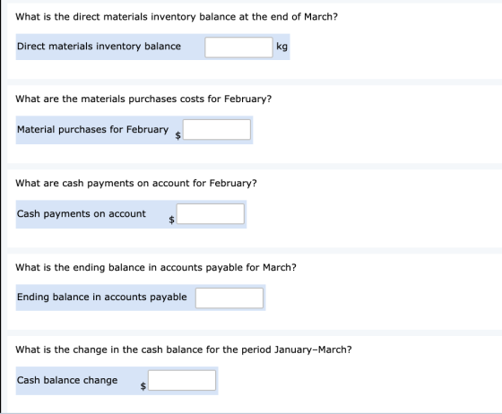 What is the direct materials inventory balance at the end of March? Direct materials inventory balance kg What are the materi