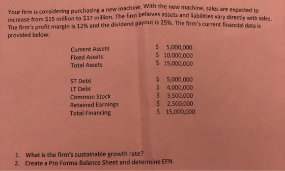 Your firm is considering purchasing a new machine. With the new machine increase from $15 million to $17 million. The firm be