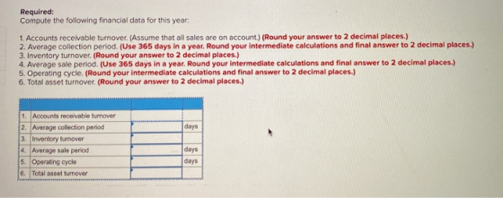 Required: Compute the following financial data for this year. 1. Accounts receivable turnover. (Assume that all sales are on