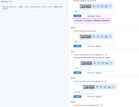 Given two vectors A = -2.00i + 4.00 j + 4.00 k and