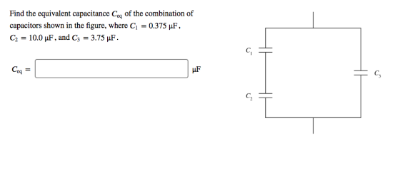 Find the equivalent capacitance Ceq of the combination of capacitors shown in the figure, where C0.375 uF C2-10.0 μF , and C3-3.75 μF C, Ceq C.