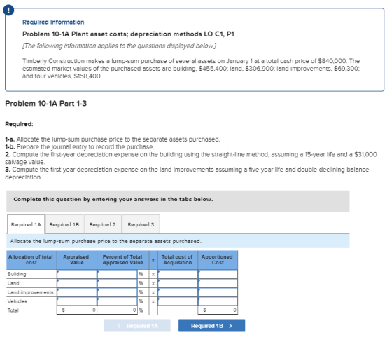 Required Information Problem 10-1A Plant asset costs; depreciation methods LO C1, P1 [The following information applies to th