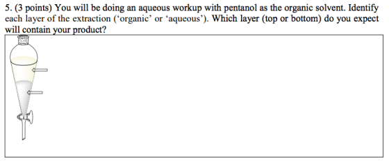 5. (3 points) You will be doing an aqueous workup with pentanol as the organic solvent. Identify each layer of the extraction (organic or aqueous). Which layer (top or bottom) do you expect will contain your product?