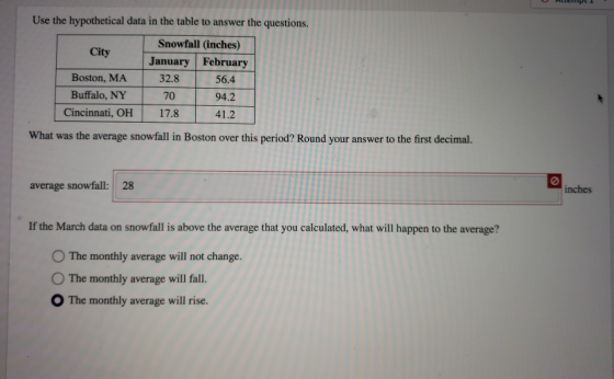 Use the hypothetical data in the table to answer the questions. Snowfall (inches) City January February Boston, MA 8 32. 5 6.