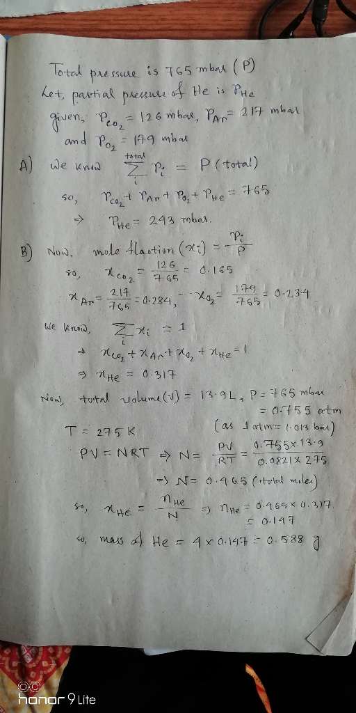 pre ssure is T65 mbas (P) het artial preuue of te is PHe uen, Peo, 126 mbat, P 21F mbal Total amd Poz 19 mbat total A We knid