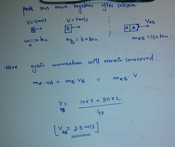 Borth cars move rogether of her collision. v=ums v=amus , AB VAB meloton MAB=40ton. =30ron we=30ton Here again momentum will