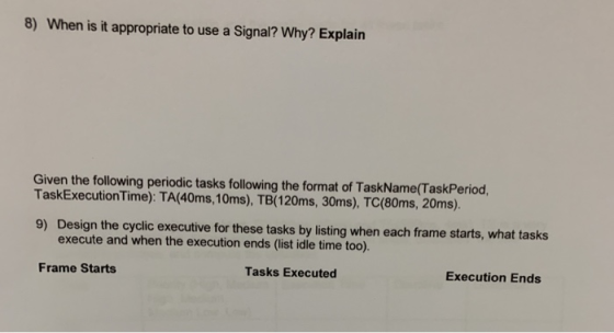8) When is it appropriate to use a Signal? Why? Explain Given the following periodic tasks following the format of TaskName(T