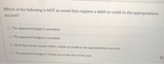 Which of the following is NOT an event that requires a debit or credit to the appropriations account? The approved budget is