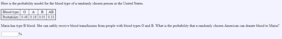 Here is the probability model for the blood type of a randomly chosen person in the United States. Blood type AB AB Probability 0.48 0.18 0.01 0.33 Maria has type B blood. She can safely receive blood transfusions from people with blood types O and B. What is the probability that a randomly chosen American can donate blood to Maria?