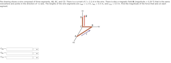 The drawing shows a wire composed of three segments, AB, BC, and CD. There is a current of I = 2.2 A in the wire. There is al