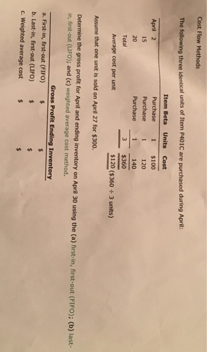 Cost Flow Methods The following three identical units of Item P401C are purchased during April: Item Beta Units Cost 1 April