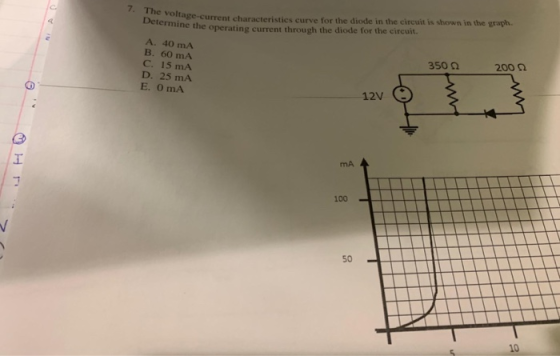7. Th e-current characteristics curve for the diode in the circuit is shown in the graph termine the operating current through the diode for the circuit. A. 40 mA B. 60 mA C. 15 mA D. 25 mA E. 0 mA 350 Ω 200 Ω 12V mA 100 50 10