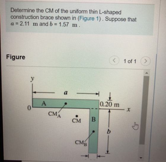Determine the CM of the uniform thin L-shaped construction brace shown in (Figure 1). Suppose that a = 2.11 m and b = 1.57 m.